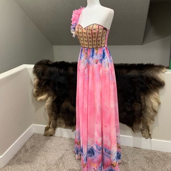 New One-Shoulder Floral Print Chiffon Gown With Beads - Picture 4 of 15